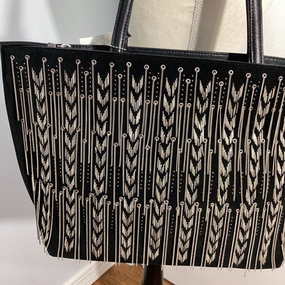 NWT CROMIA WOMAN'S LARGE LEATHER SUEDE TOTE BLACK  BAG FRINGE CHAINS AT FRONT - Picture 13 of 16